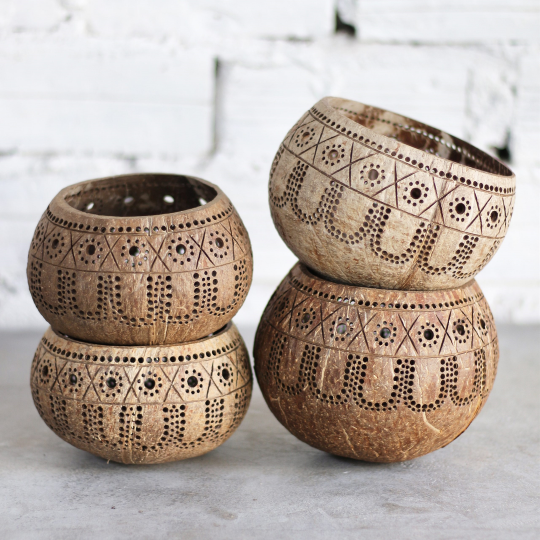 Hand-Carved Coconut Shell Candle Holder - Eco-Friendly | Type 1